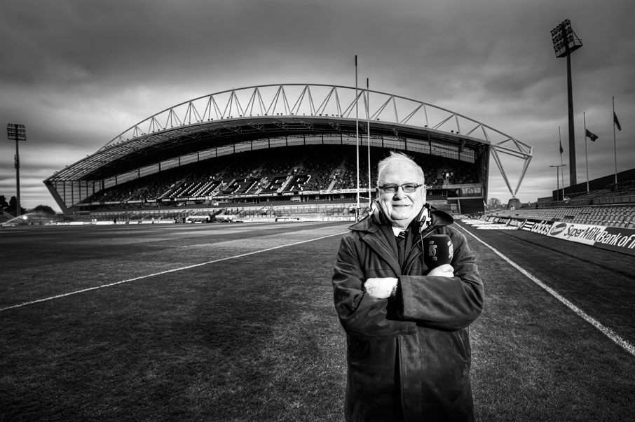 Len Dineen, the well known radio voice of Limerick rugby posing on the grounds of Thomond Park, Limerick  